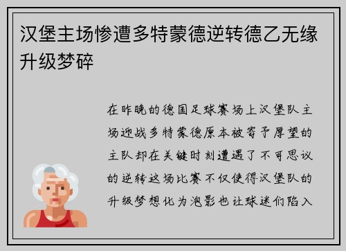 汉堡主场惨遭多特蒙德逆转德乙无缘升级梦碎