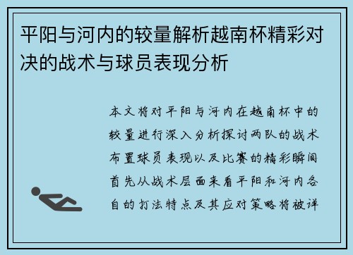 平阳与河内的较量解析越南杯精彩对决的战术与球员表现分析
