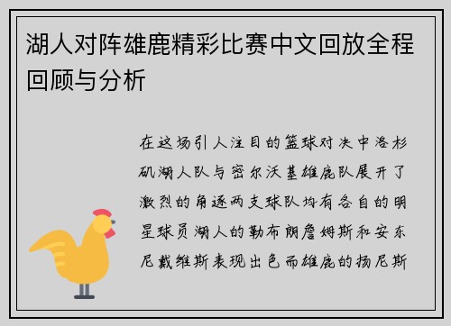 湖人对阵雄鹿精彩比赛中文回放全程回顾与分析