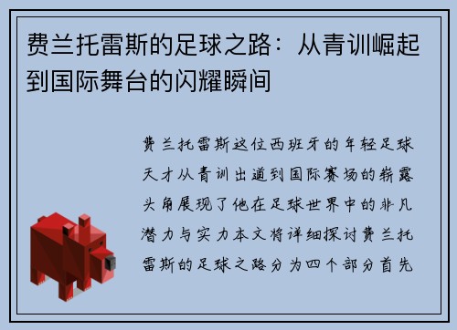 费兰托雷斯的足球之路：从青训崛起到国际舞台的闪耀瞬间